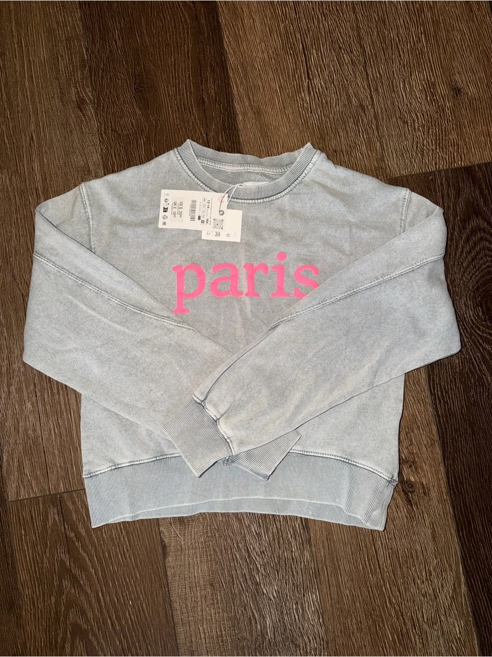 NWT ZARA Jogging Wear Crewneck Sweatshirt in Gray with Pink Print